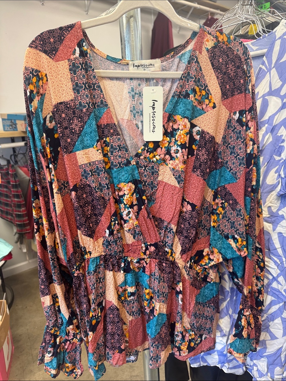 Impressions Patchwork Floral V-Neck Peplum Top - Teal, Rust, Navy